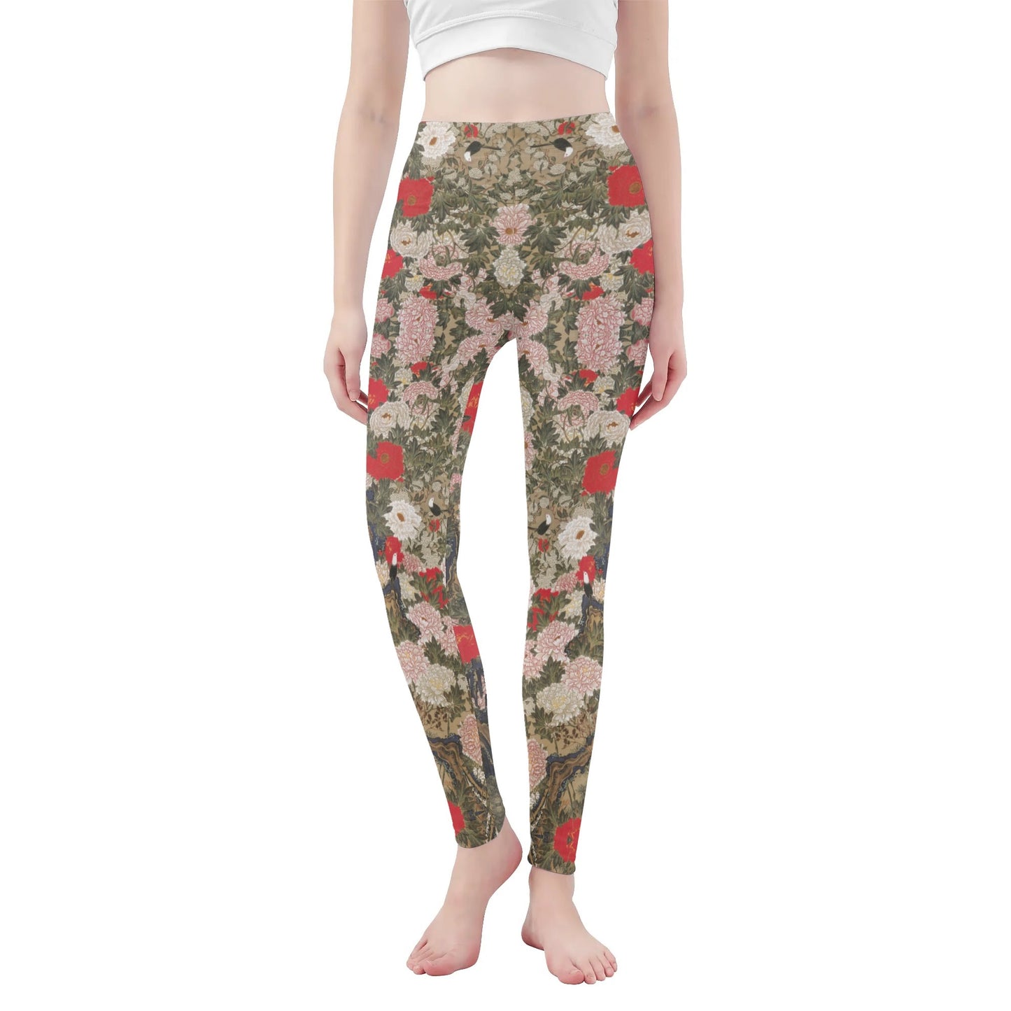 Womens Soft Yoga Leggings – Jakuchu Rose Japanese Art - Floral Artistic Pattern for Fitness & Everyday Elegance | Japanese Art Leggings