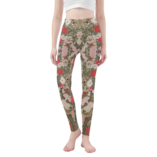 Womens Soft Yoga Leggings – Jakuchu Rose Japanese Art - Floral Artistic Pattern for Fitness & Everyday Elegance | Japanese Art Leggings
