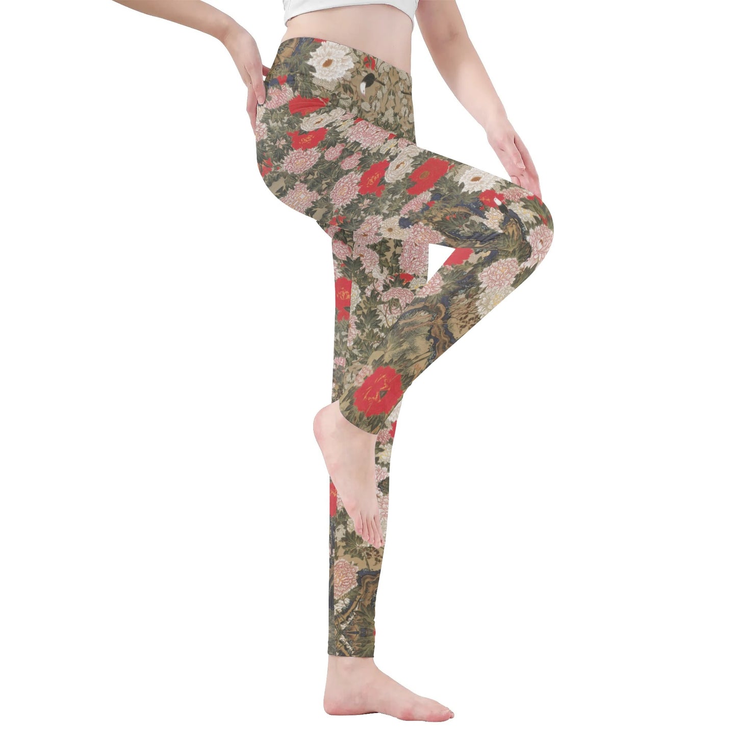 Womens Soft Yoga Leggings – Jakuchu Rose Japanese Art - Floral Artistic Pattern for Fitness & Everyday Elegance | Japanese Art Leggings