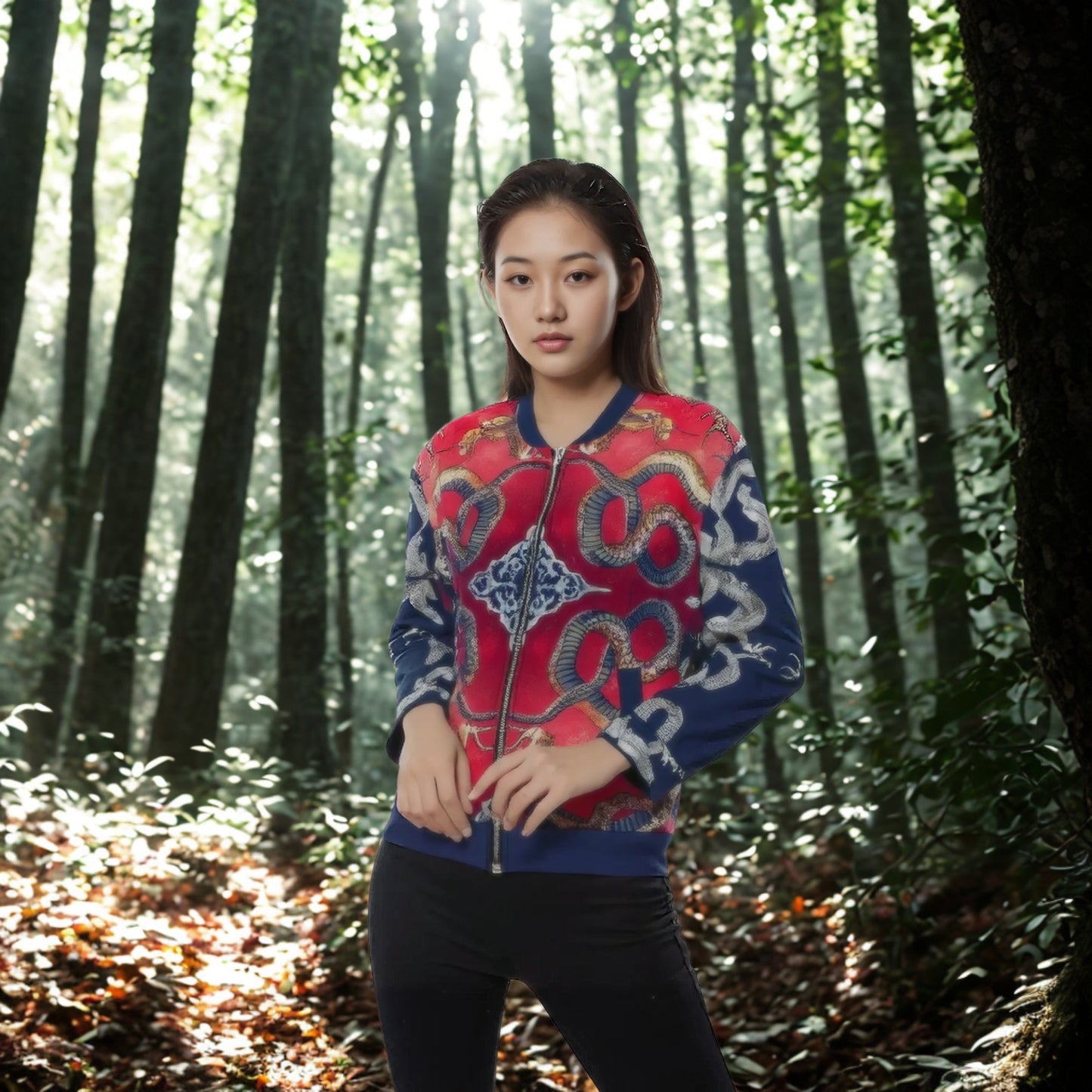 Hokusai Dragon Unisex Bomber Jacket - Power in Red and Indigo | Japanese Art Jacket