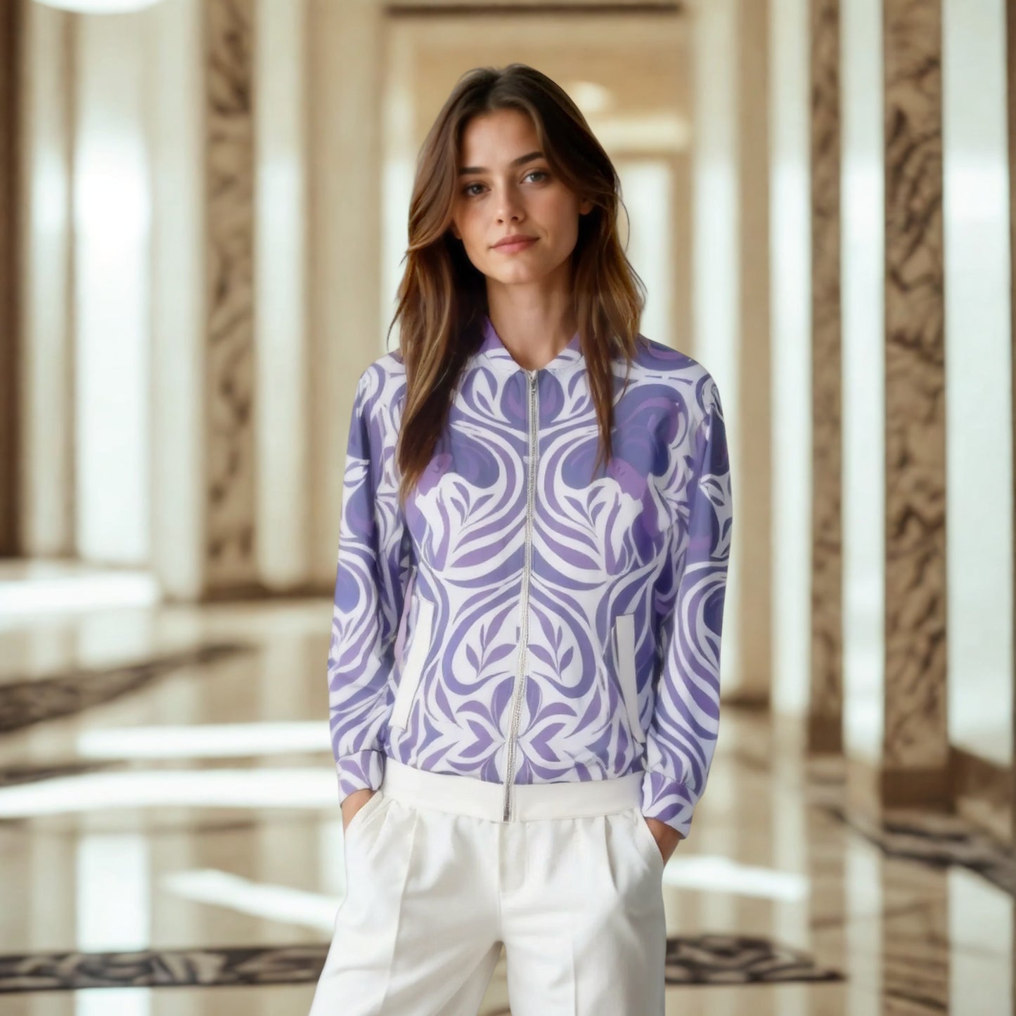 Yumeji “Woman of Hirado” Unisex Bomber Jacket - Dreaming in Violet | Japanese Art Jacket