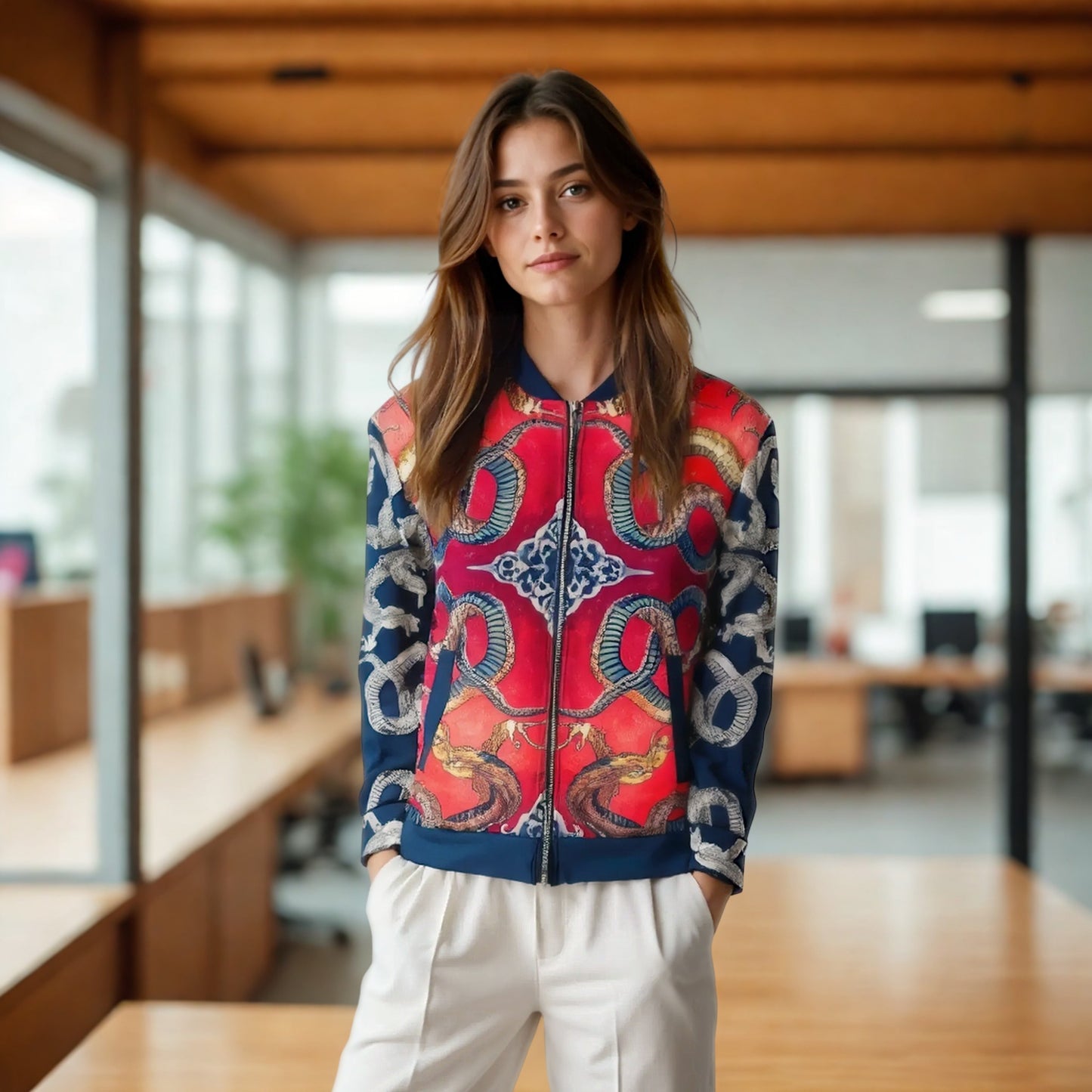 Hokusai Dragon Unisex Bomber Jacket - Power in Red and Indigo | Japanese Art Jacket