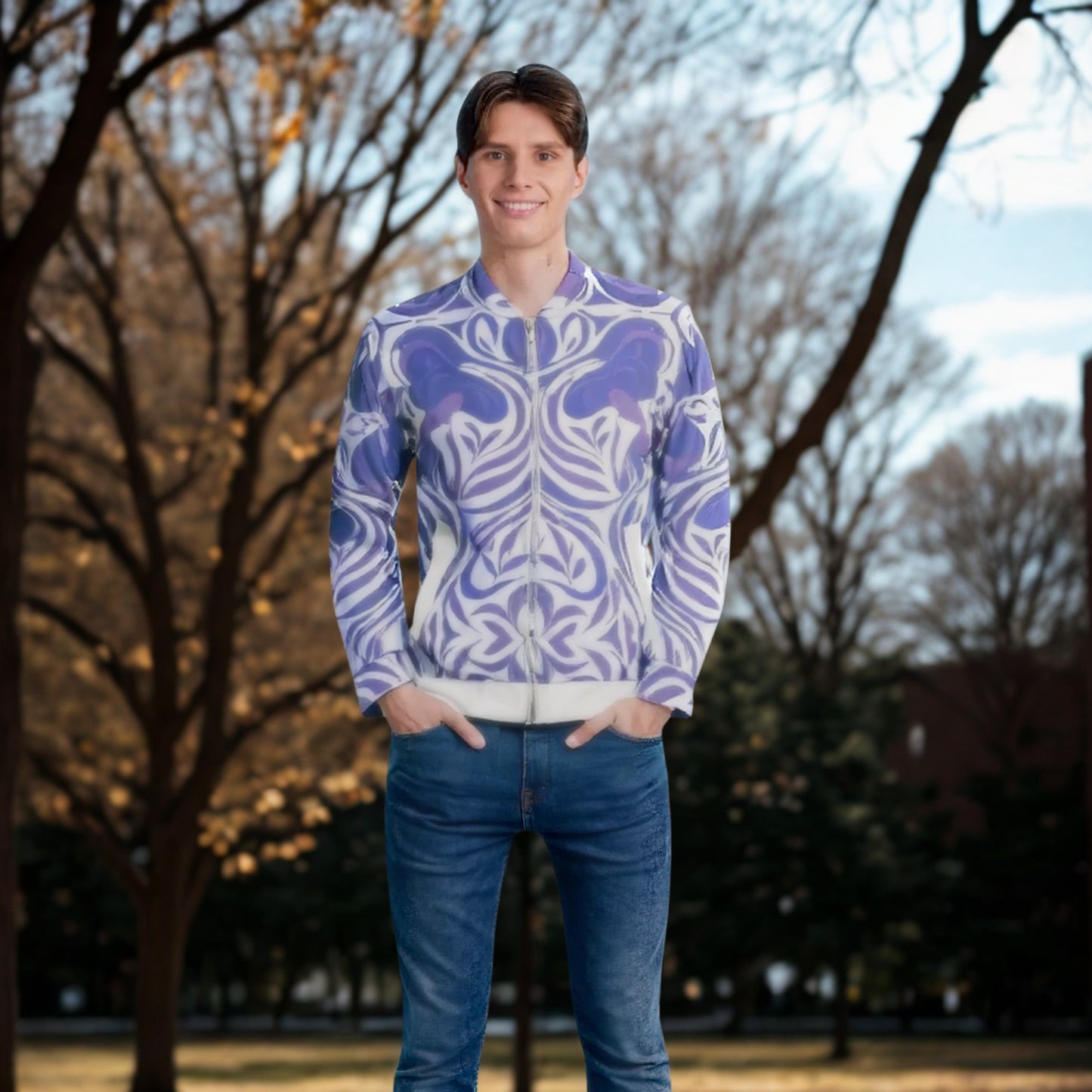 Yumeji “Woman of Hirado” Unisex Bomber Jacket - Dreaming in Violet | Japanese Art Jacket