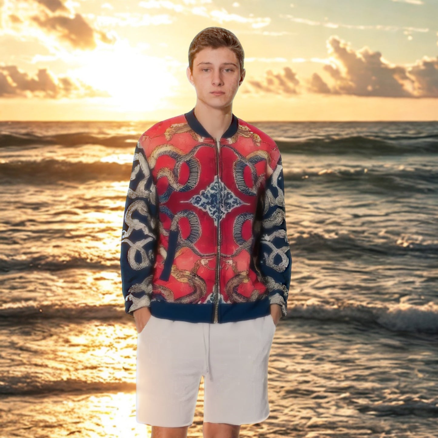 Hokusai Dragon Unisex Bomber Jacket - Power in Red and Indigo | Japanese Art Jacket