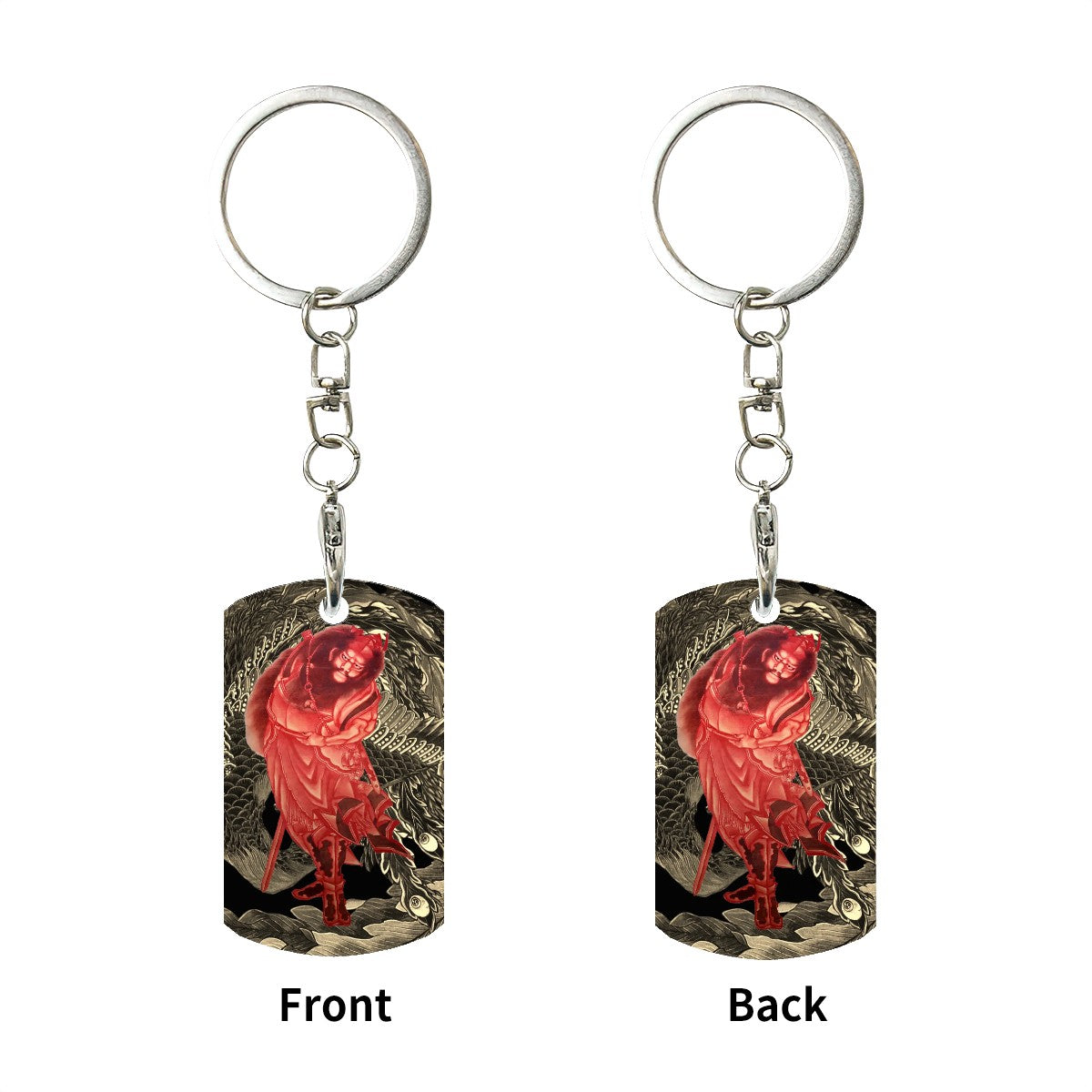 Rectangular Metal Keychain - Hokusai × Phoenix Warrior Keychain – Crimson Guardian of the Waves -  | Japanese Art Keychain