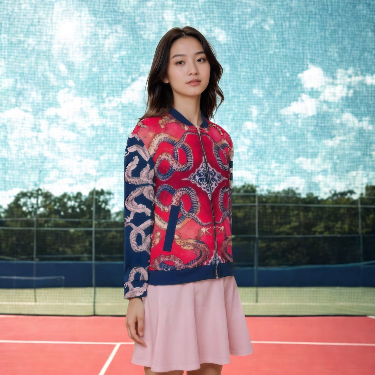 Hokusai Dragon Unisex Bomber Jacket - Power in Red and Indigo | Japanese Art Jacket