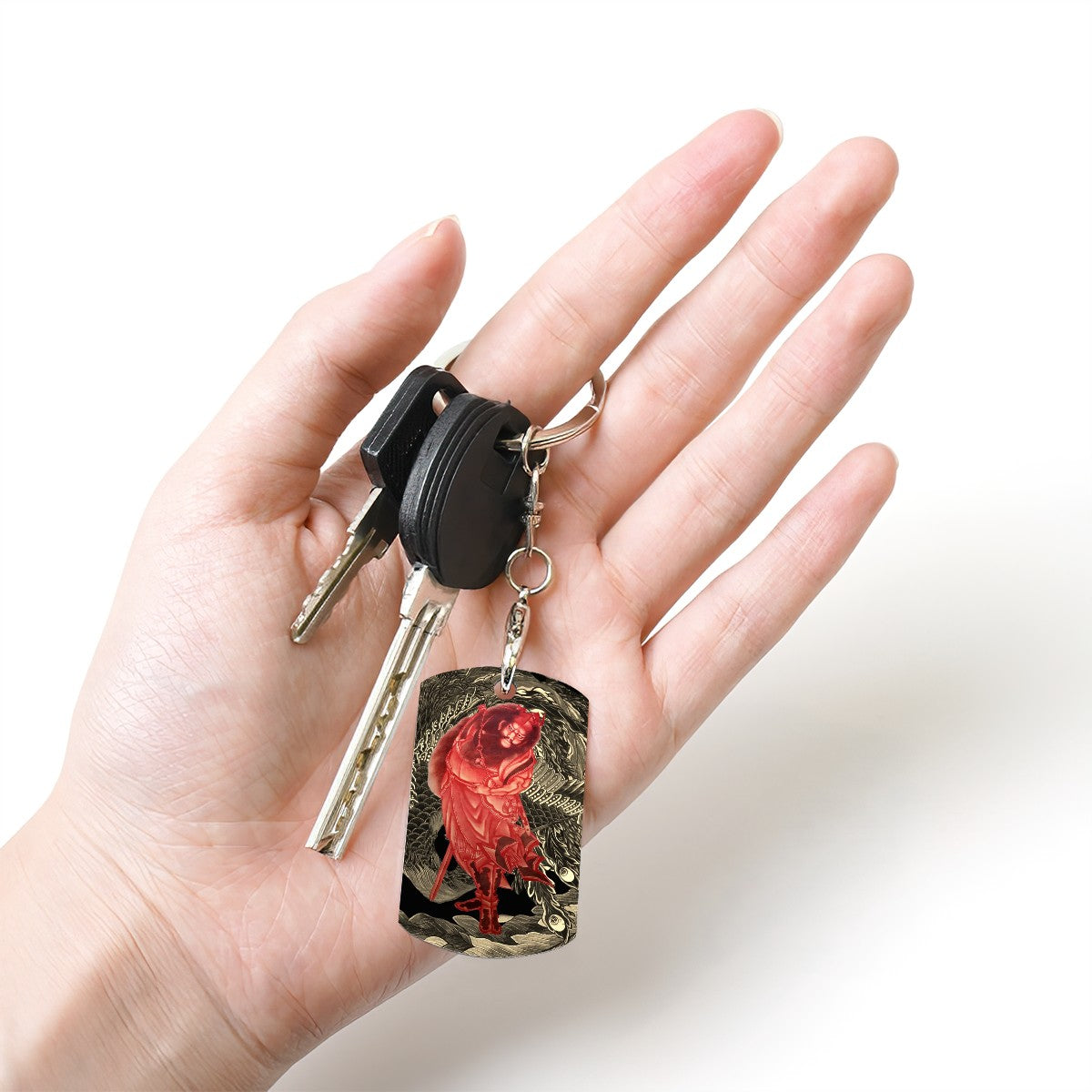 Rectangular Metal Keychain - Hokusai × Phoenix Warrior Keychain – Crimson Guardian of the Waves -  | Japanese Art Keychain