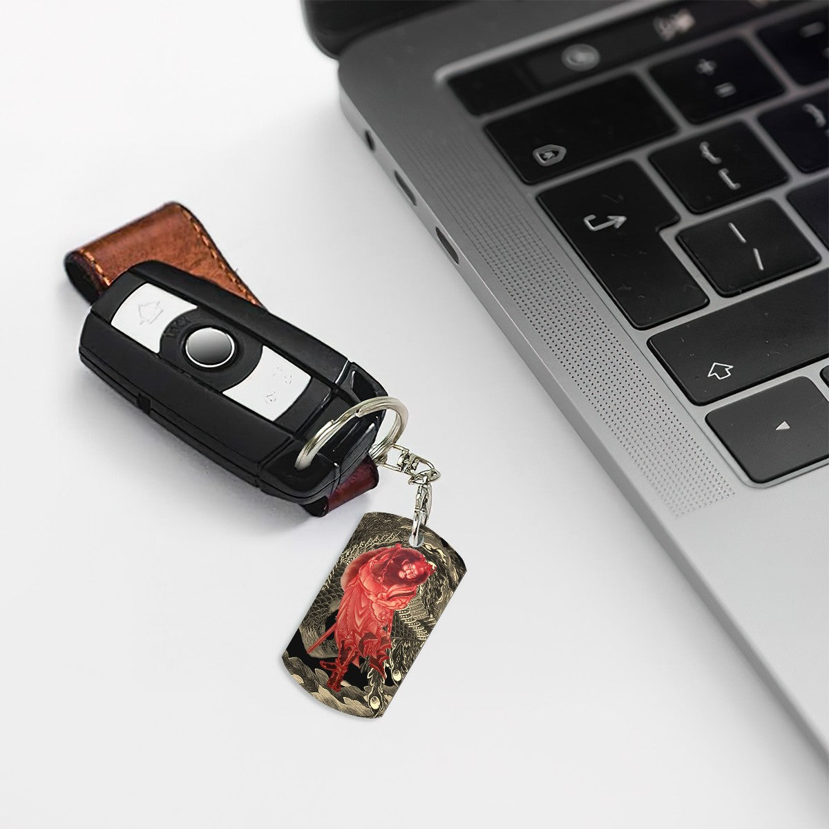 Rectangular Metal Keychain - Hokusai × Phoenix Warrior Keychain – Crimson Guardian of the Waves -  | Japanese Art Keychain